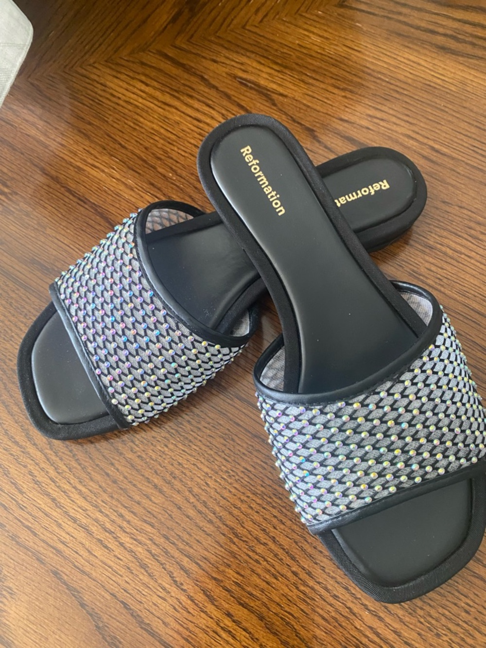 Reformation Rhinestone Mesh Slide Sandals Black Size 6 Sparkly - Picture 5 of 8